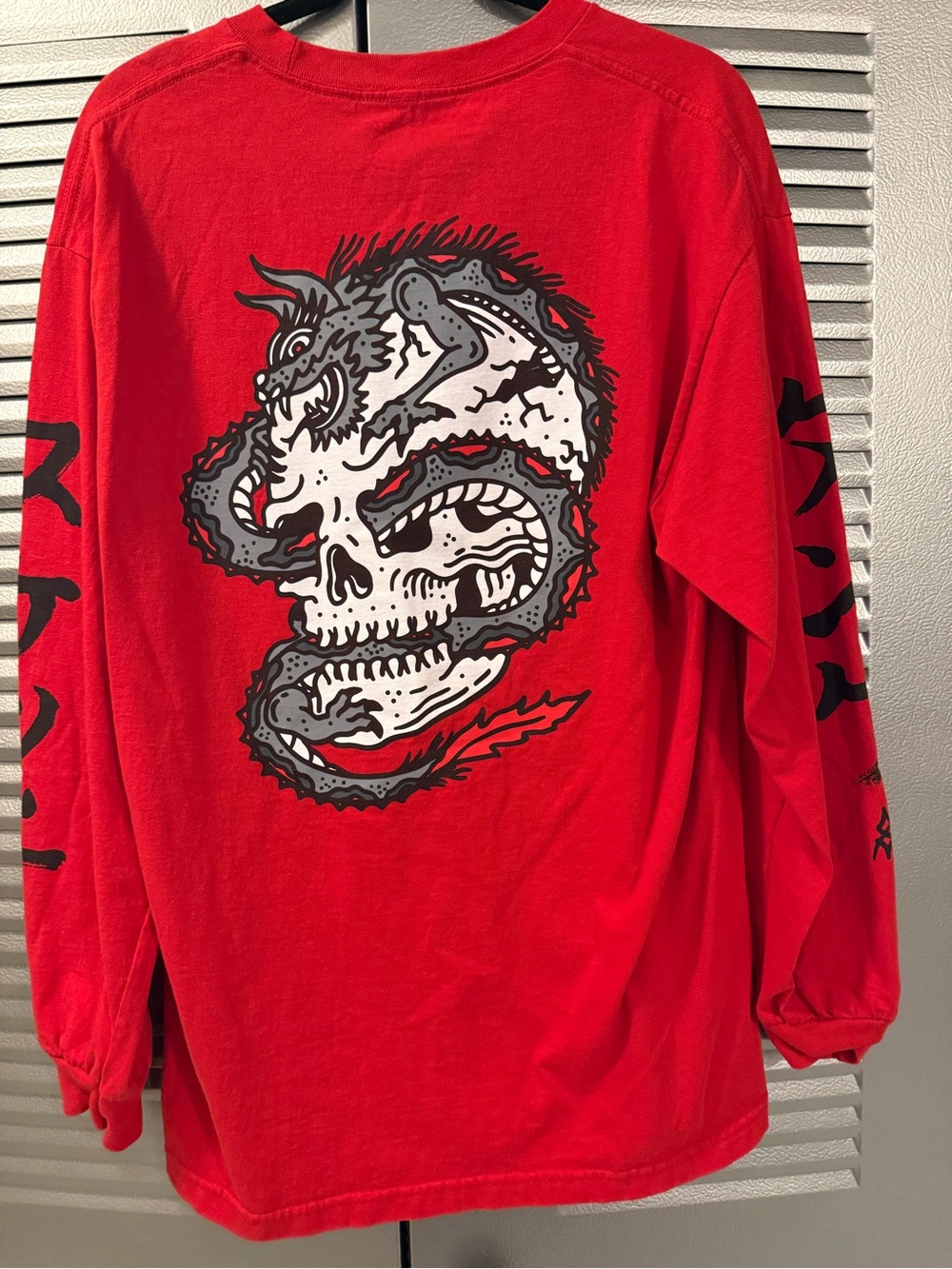 Red Long-Sleeve Graphic Tee with Skull & Dragon Back Print